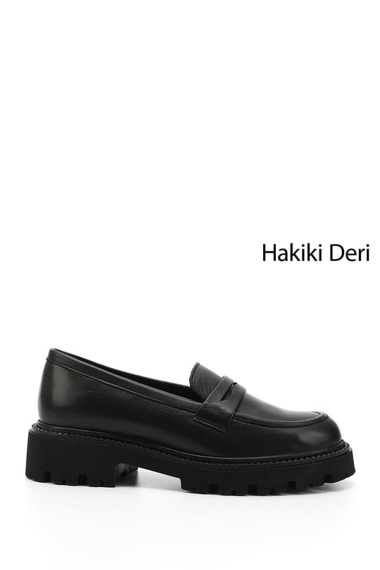 Kadın Siyah Kalın Topuklu Hakiki Deri Loafer Ayakkabı