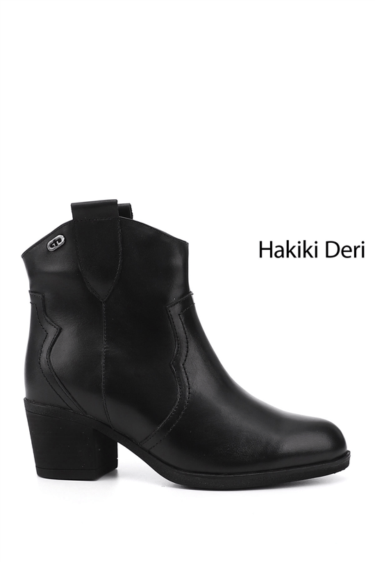 Kadın Siyah Kalın Topuklu Hakiki Deri Kovboy Bot