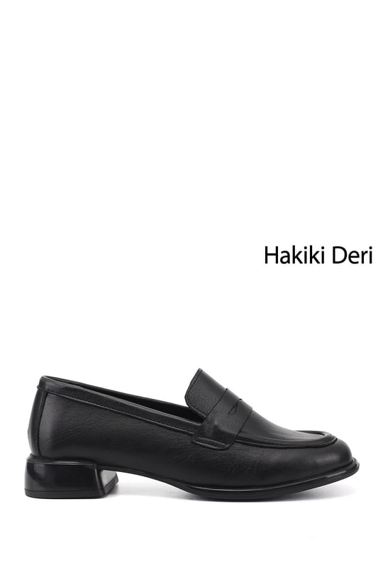 Kadın Siyah Kalın Topuklu Hakiki Deri Loafer Ayakkabı