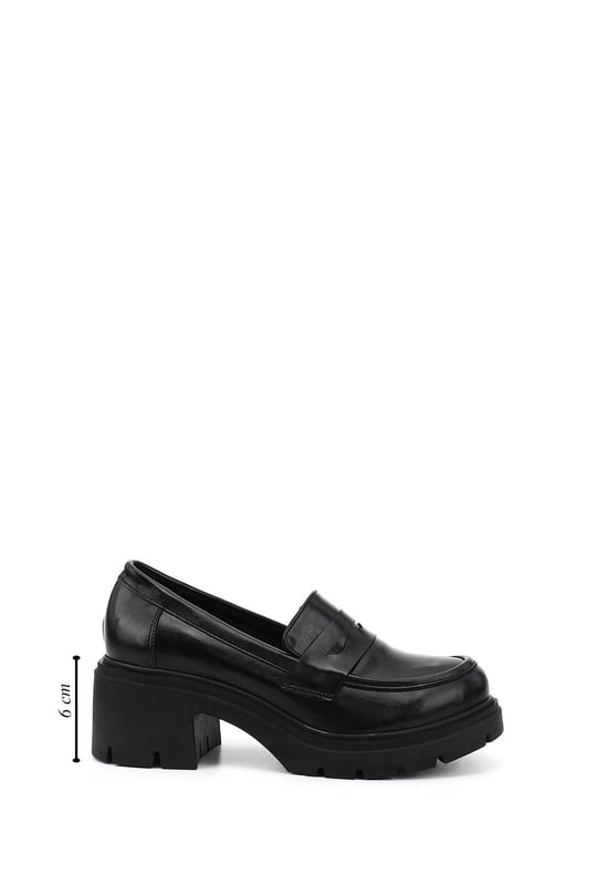 Women's Black Chunky Heeled Loafer Shoes