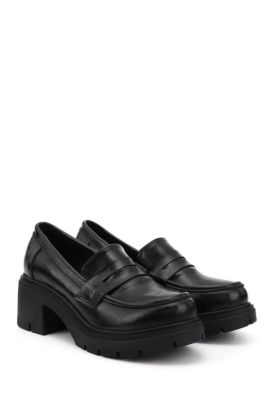 Women's Black Chunky Heeled Loafer Shoes