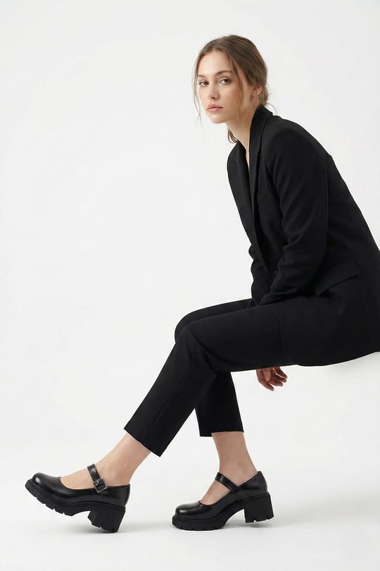 Women's Black Thick Heel Mary Jane Shoes