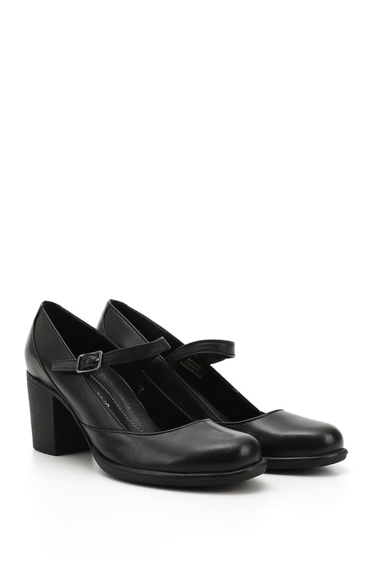Women's Black Thick Heel Mary Jane Genuine Leather Shoes