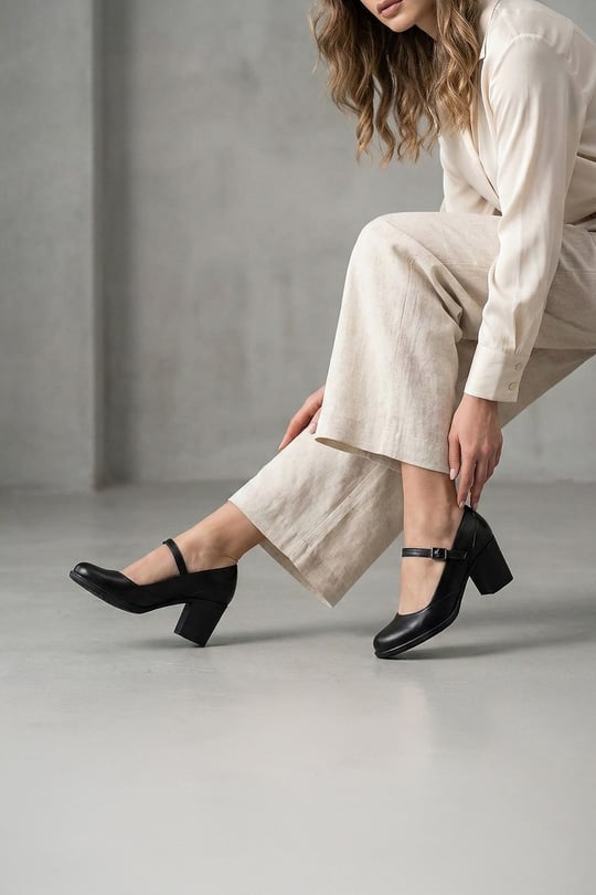 Women's Black Thick Heel Mary Jane Genuine Leather Shoes