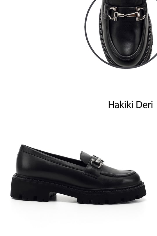 Kadın Siyah Kalın Topuklu Tokalı Hakiki Deri Loafer Ayakkabı
