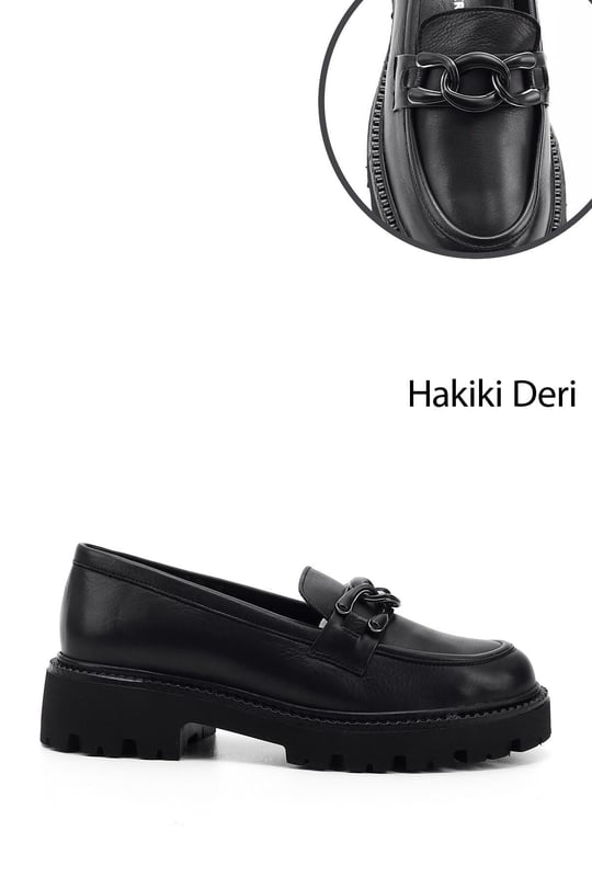 Kadın Siyah Kalın Topuklu Tokalı Hakiki Deri Loafer Ayakkabı