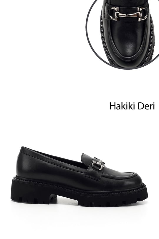 Kadın Siyah Kalın Topuklu Tokalı Hakiki Deri Loafer Ayakkabı