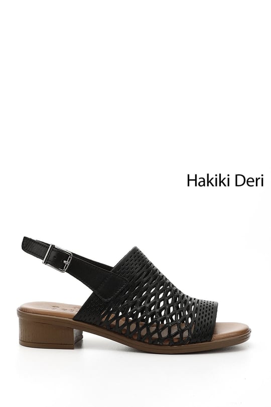 Kadın Siyah Kısa Kalın Topuklu Hakiki Deri Sandalet