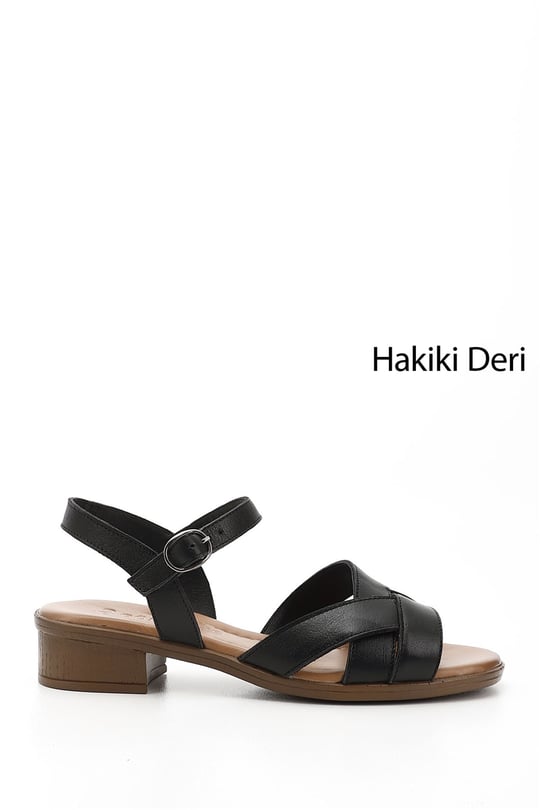 Kadın Siyah Kısa Kalın Topuklu Hakiki Deri Sandalet