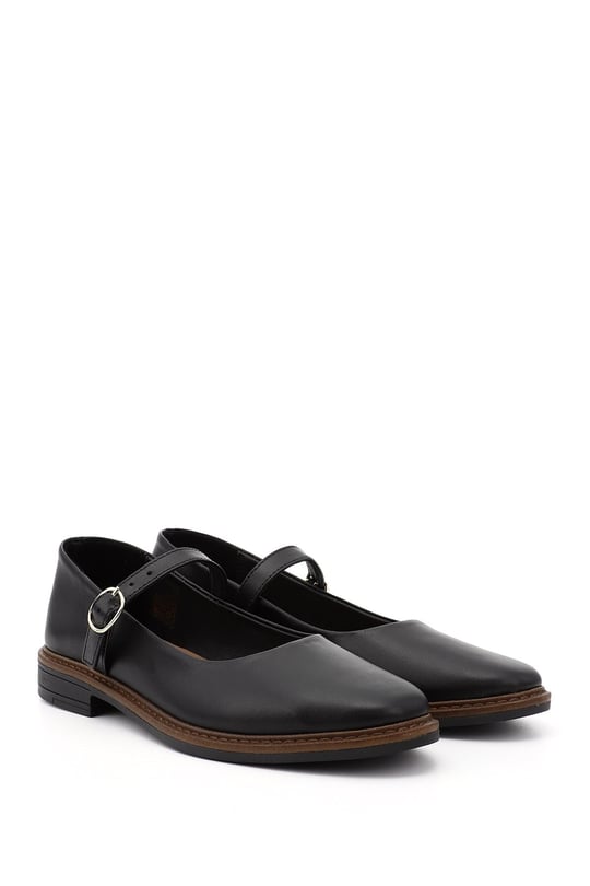 Women's Black Short Chunky Heel Mary Jane Genuine Leather Ballet Flats