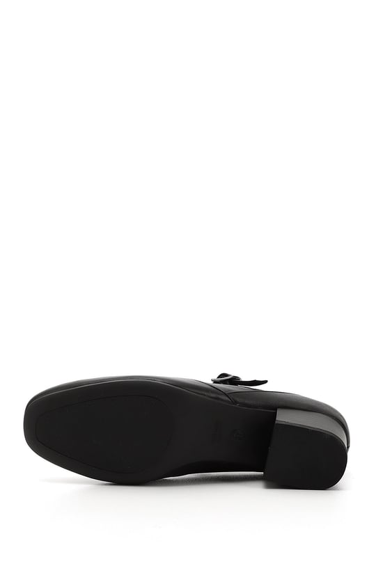 Women's Black Flat Toe Short Thick Heel Genuine Leather Shoes