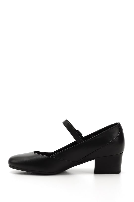 Women's Black Flat Toe Short Thick Heel Genuine Leather Shoes