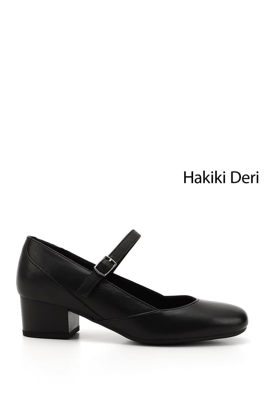 Women's Black Flat Toe Short Thick Heel Genuine Leather Shoes