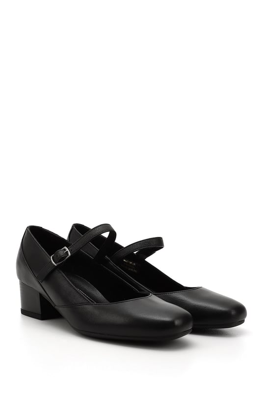 Women's Black Flat Toe Short Thick Heel Genuine Leather Shoes