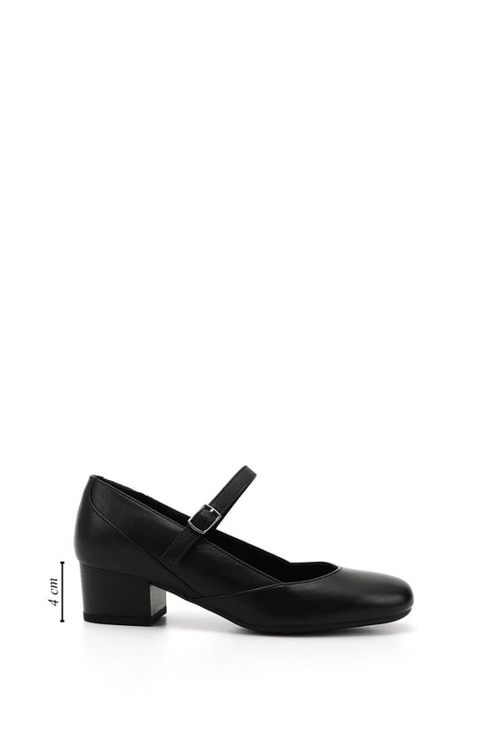 Women's Black Flat Toe Short Thick Heel Genuine Leather Shoes