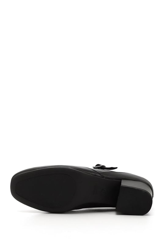 Women's Black Flat Toe Short Thick Heel Genuine Leather Shoes