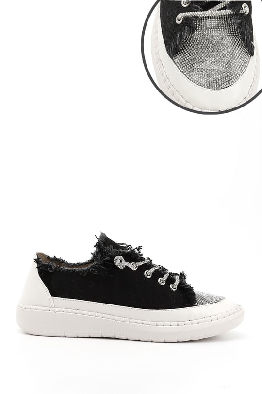 Kadın Siyah Kot Triko Taşlı Comfort Dolgu Taban Sneaker