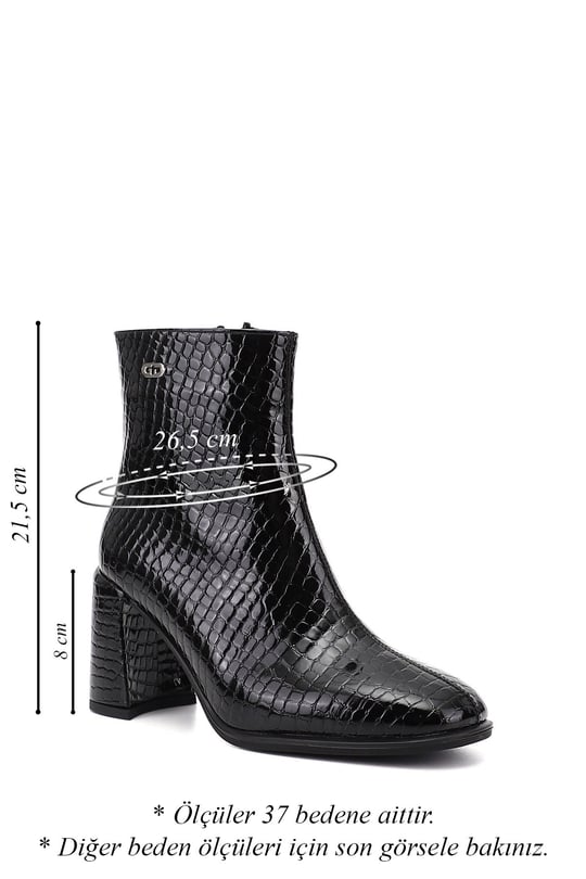 Black Krako-style flat-toe heeled zip-up women's shoes.