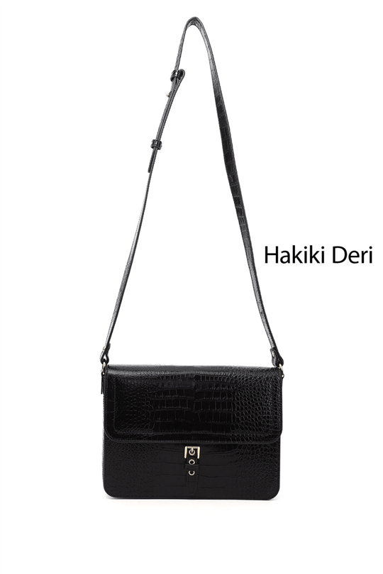 Kadın Siyah Kroko Hakiki Deri Omuz Çantası