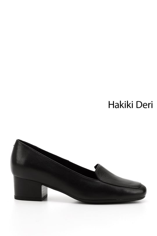 Kadın Siyah Küt Burun Kısa Kalın Topuklu Hakiki Deri Ayakkabı