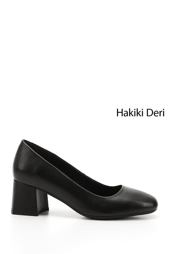 Kadın Siyah Küt Burun Orta Kalın Topuklu Hakiki Deri Ayakkabı