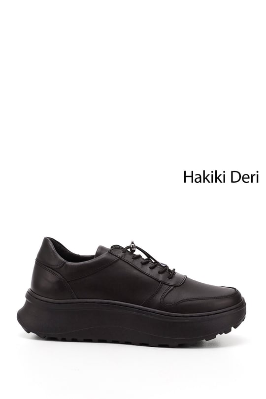Women's Black Genuine Leather Lace-Up Sneakers