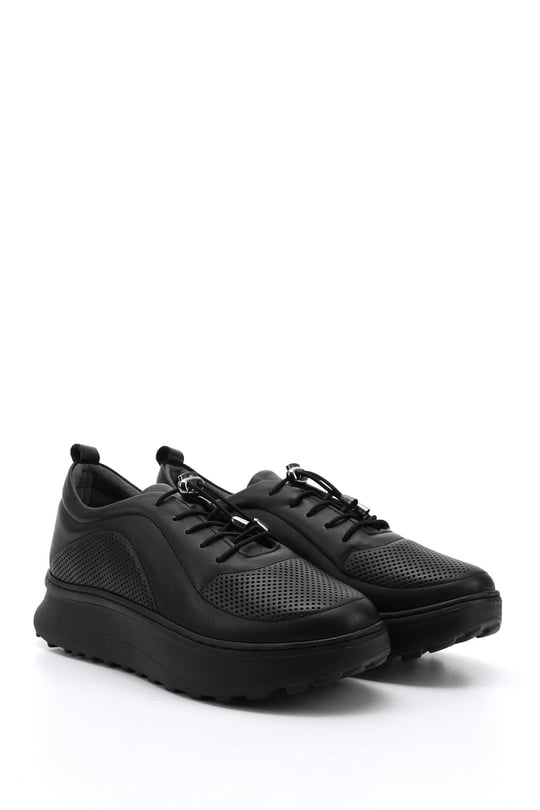 Kadın Siyah Lastik Bağcıklı Comfort Dolgu Taban Hakiki Deri Sneaker