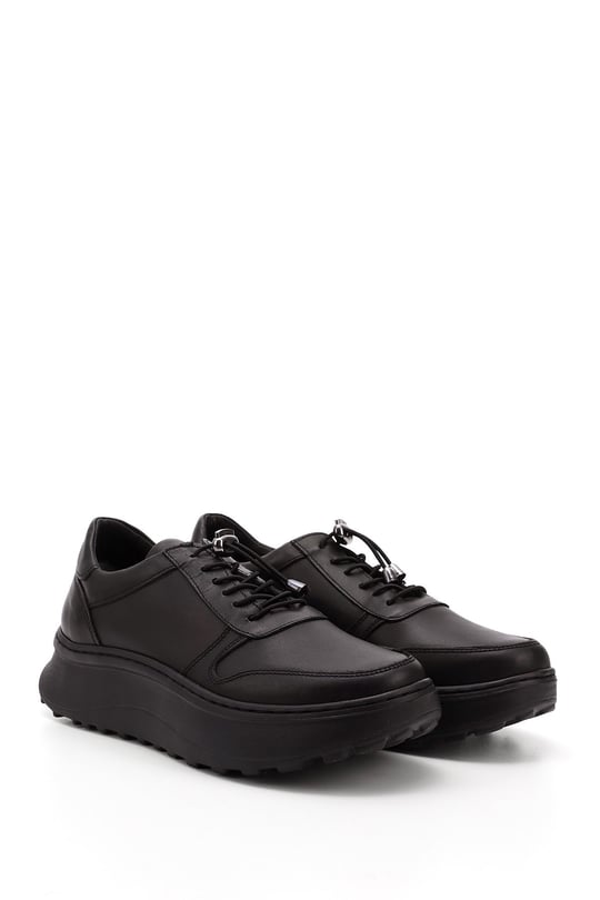 Women's Black Genuine Leather Lace-Up Sneakers