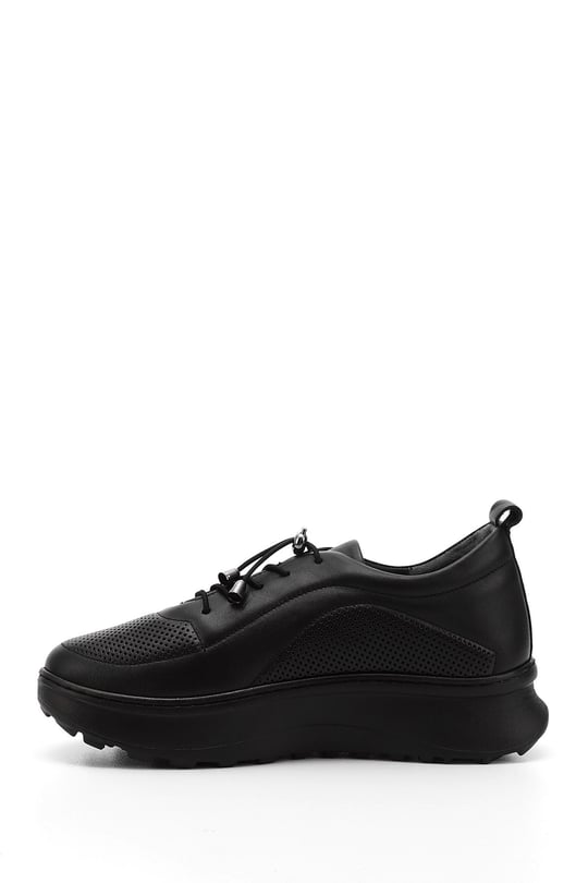 Kadın Siyah Lastik Bağcıklı Comfort Dolgu Taban Hakiki Deri Sneaker