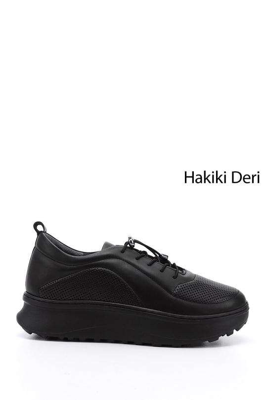 Kadın Siyah Lastik Bağcıklı Comfort Dolgu Taban Hakiki Deri Sneaker