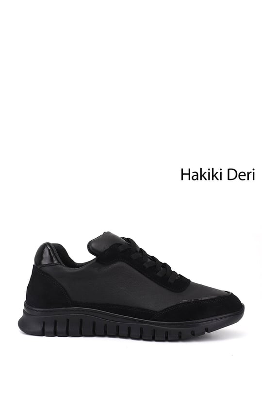 Kadın Siyah Lastik Bağcıklı Hakiki Deri Sneaker