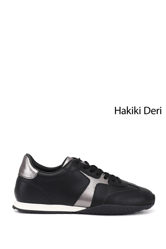 Kadın Siyah Lastik Bağcıklı Hakiki Deri Sneaker