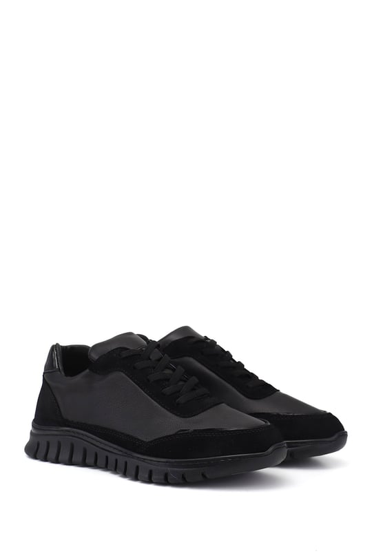 Women's Black Elastic Lace-up Genuine Leather Sneaker