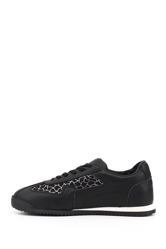 Kadın Siyah Lastik Bağcıklı Hakiki Deri Sneaker