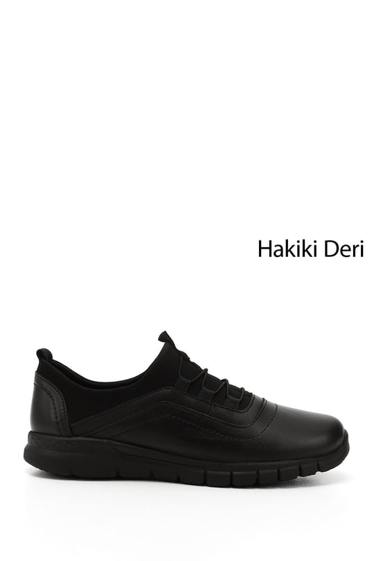 Kadın Siyah Lastik Bağcıklı Hakiki Deri Comfort Sneaker