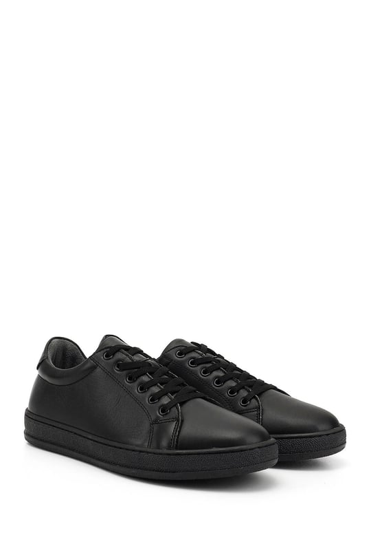 Kadın Siyah Lastik Bağcıklı Hakiki Deri Sneaker