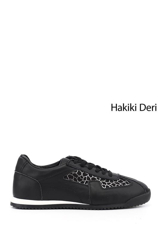 Kadın Siyah Lastik Bağcıklı Hakiki Deri Sneaker