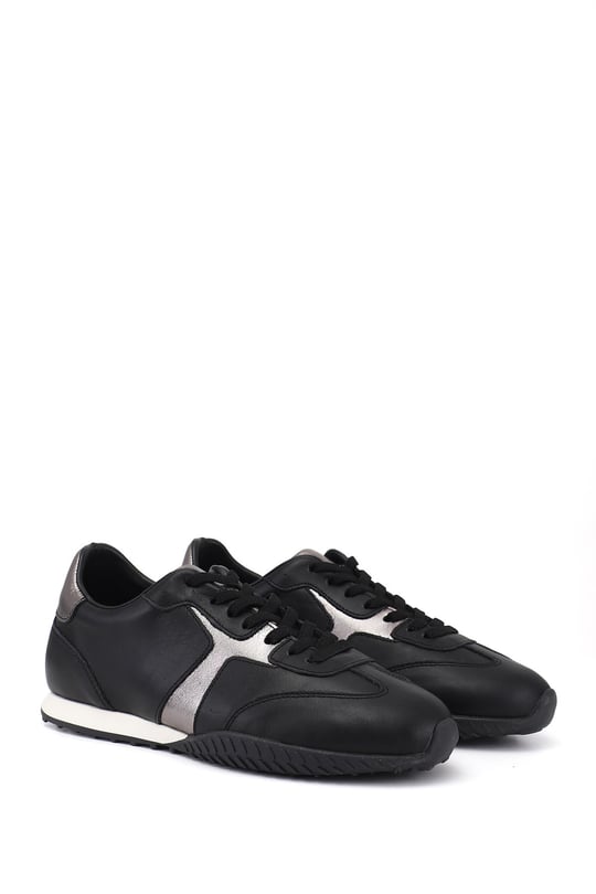 Women's Black Elastic Lace-up Genuine Leather Sneaker