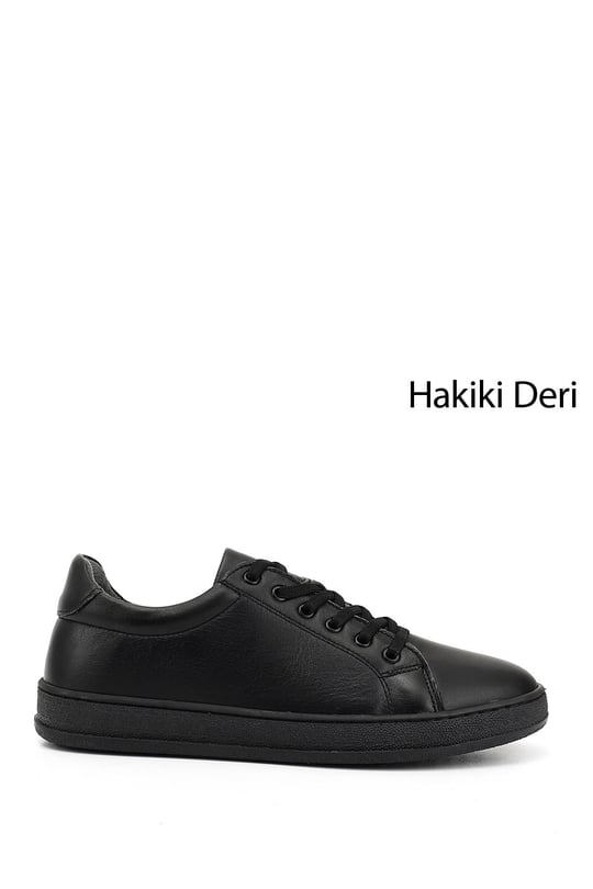 Kadın Siyah Lastik Bağcıklı Hakiki Deri Sneaker