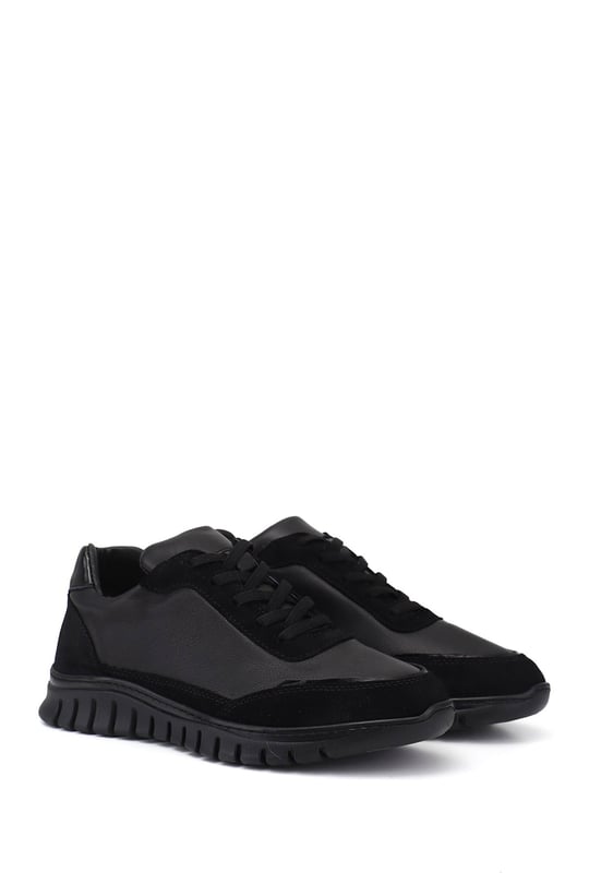 Kadın Siyah Lastik Bağcıklı Hakiki Deri Sneaker