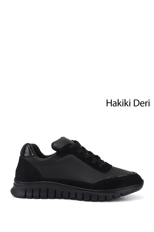Women's Black Elastic Lace-up Genuine Leather Sneaker