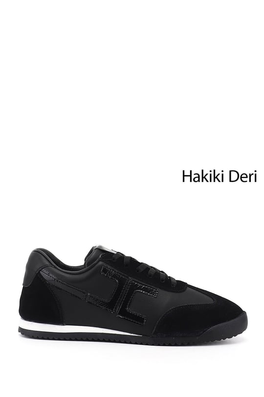 Women's Black Elastic Lace-up Genuine Leather Sneaker