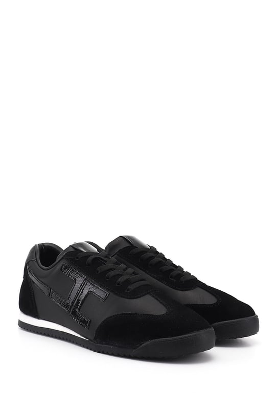 Kadın Siyah Lastik Bağcıklı Hakiki Deri Sneaker