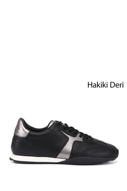 Women's Black Elastic Lace-up Genuine Leather Sneaker