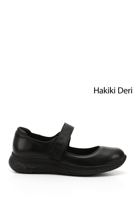 Women's Black Genuine Leather Ballerina Shoes with Ankle Straps