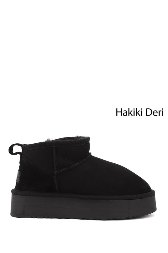 Kadın Siyah Nubuk Mini Platform Taban Hakiki Deri Kürklü Bot