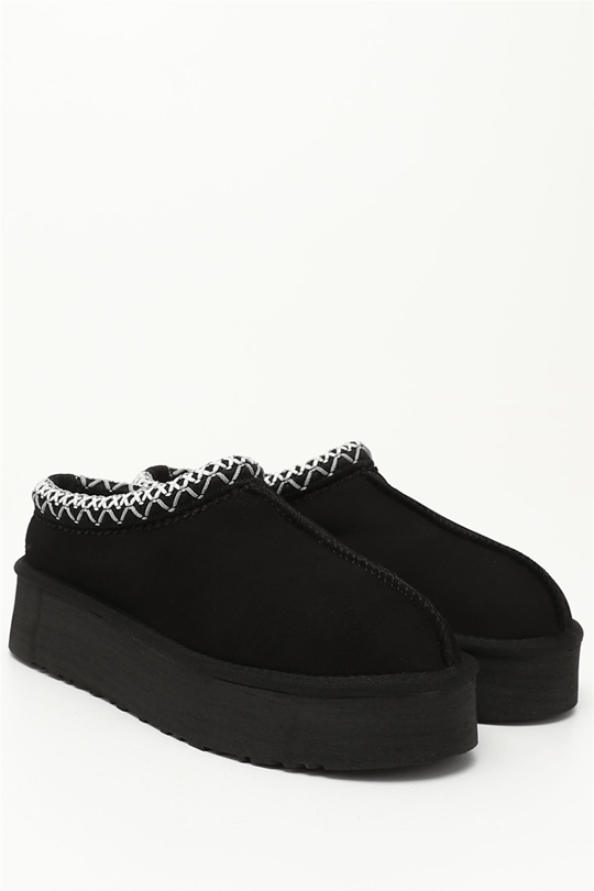 Kadın Siyah Nubuk W Tazz Kalın Tabanlı Hakiki Deri Kürklü Terlik