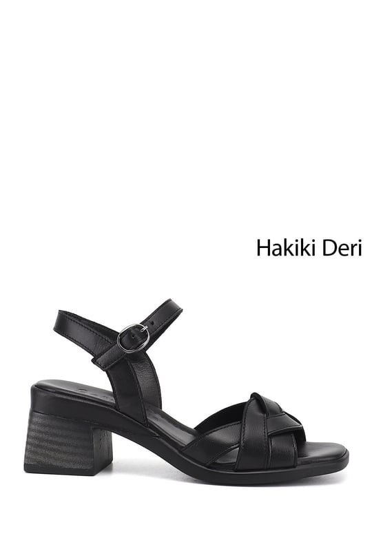 Kadın Siyah Örgü Bantlı Kalın Topuklu Hakiki Deri Sandalet