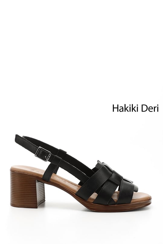 Kadın Siyah Örgü Bantlı Kalın Topuklu Hakiki Deri Sandalet