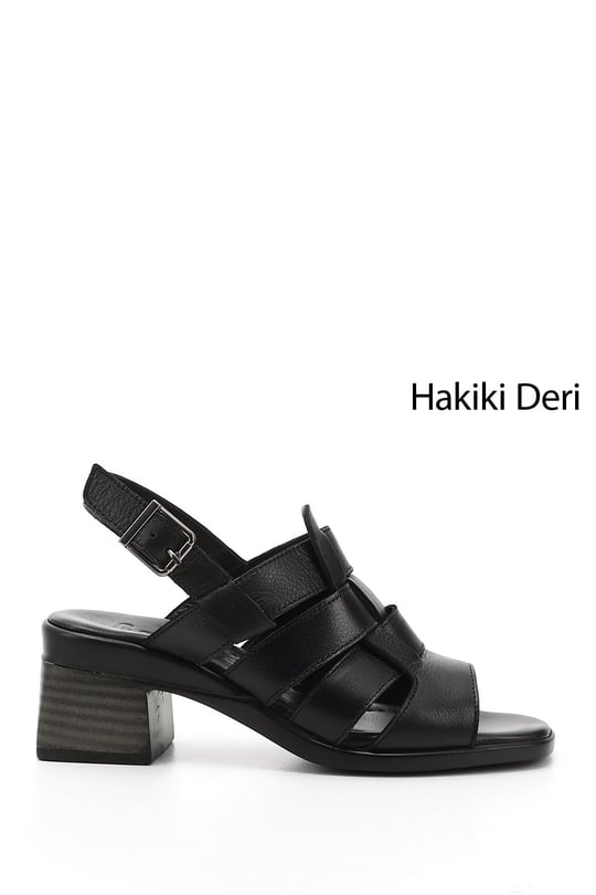 Kadın Siyah Örgü Bantlı  Kalın Topuklu Hakiki Deri Sandalet